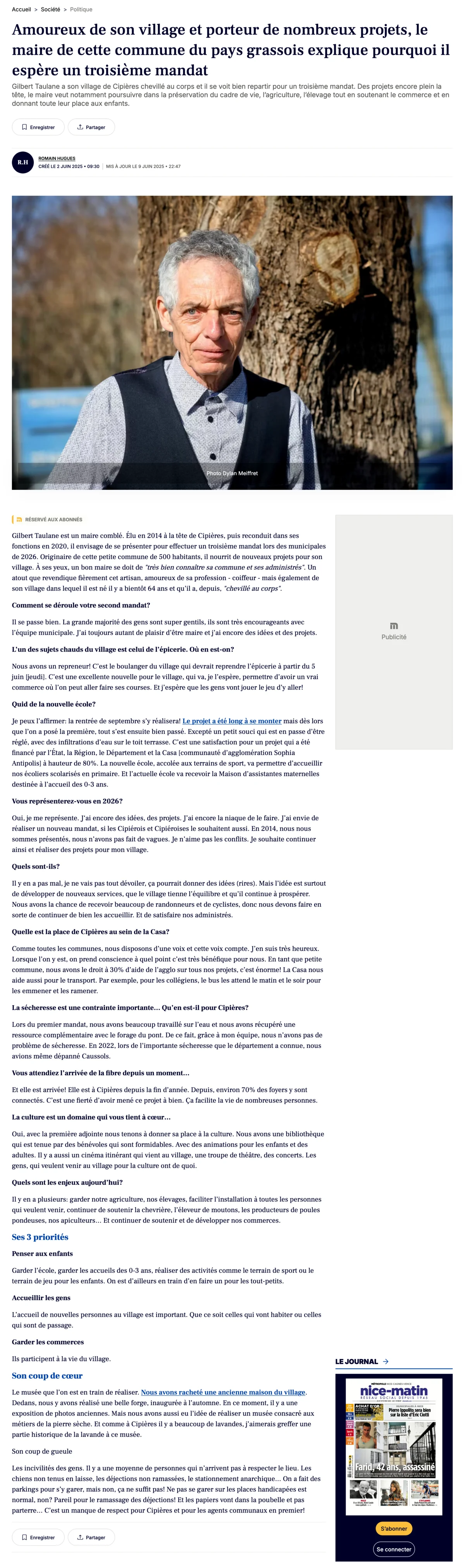 Article Nice Matin : Amoureux de son village et porteur de nombreux projets, le maire de cette commune du pays grassois explique pourquoi il espère un troisième mandat